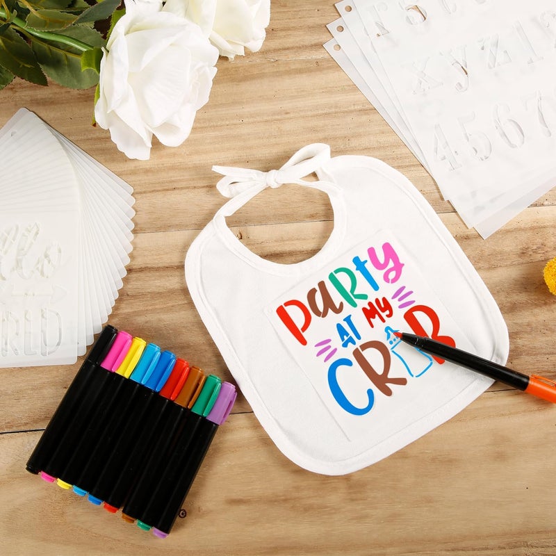 PEUTIER 47pcs DIY Baby for Bibs Decorating Kit Including 15pcs White Baby for Bibs to Decorate 22pcs Baby Stencils for Painting 10pcs Fabric Markers Blank Design for Bibs Baby Shower Game - Image 4