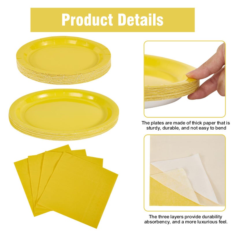 Ottin 169pcs Yellow Paper Plates and Napkins Party Supplies Spoon Fork Knives Cups Tablecloth 24 Count Paper Plates Set for Birthday Wedding Dinner Party Baby Shower April Fool's Day - Image 2
