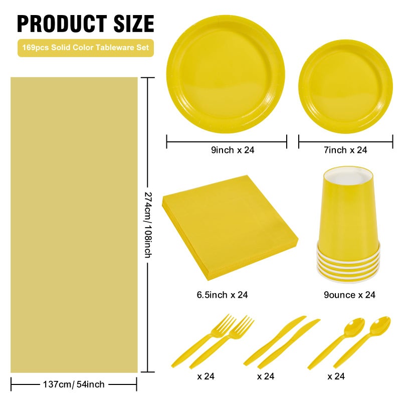 Ottin 169pcs Yellow Paper Plates and Napkins Party Supplies Spoon Fork Knives Cups Tablecloth 24 Count Paper Plates Set for Birthday Wedding Dinner Party Baby Shower April Fool's Day - Image 1