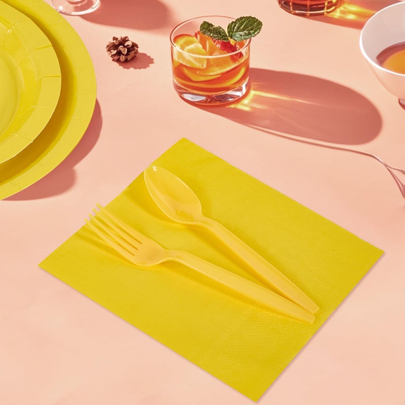 Ottin 169pcs Yellow Paper Plates and Napkins Party Supplies Spoon Fork Knives Cups Tablecloth 24 Count Paper Plates Set for Birthday Wedding Dinner Party Baby Shower April Fool's Day - Image 3