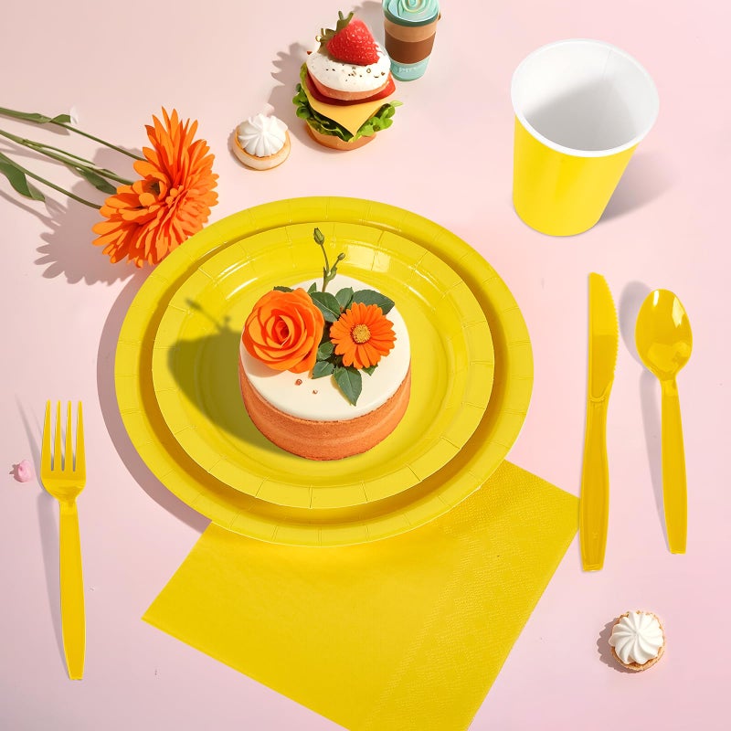 Ottin 169pcs Yellow Paper Plates and Napkins Party Supplies Spoon Fork Knives Cups Tablecloth 24 Count Paper Plates Set for Birthday Wedding Dinner Party Baby Shower April Fool's Day - Image 4