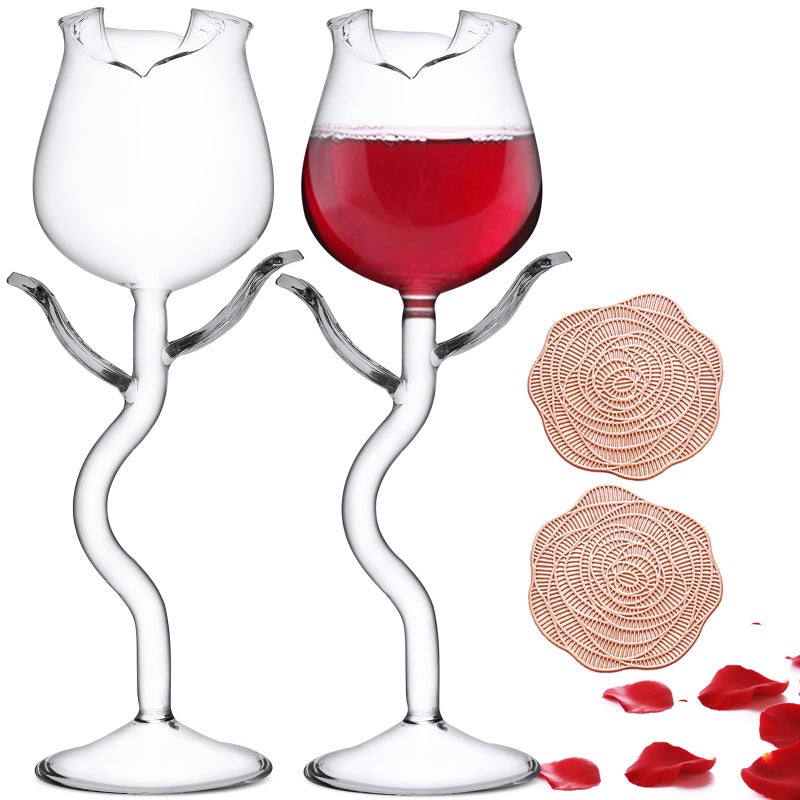 INFTYLE Rose Cocktail Glass Wine Goblet Glasses Flower Drinkware Set of 2 Crystal Champagne Flutes Classy Red Wine Glass Ideal Gifts for Housewarming Wedding Birthday Celebrations