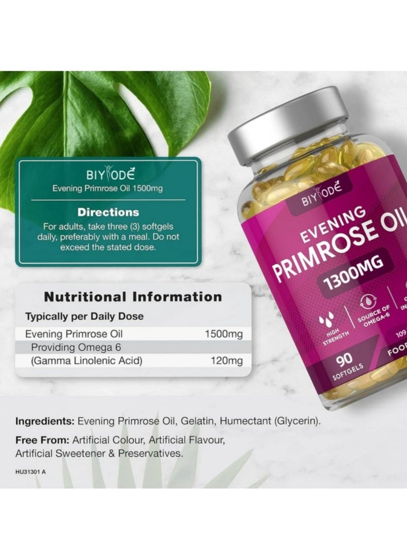 BIYODE - Evening Primrose Oil 1300mg Softgels, 90 Count, Cold-Pressed and High-Potency, Skin, Hormonal and Womenâs Health Support - Image 1
