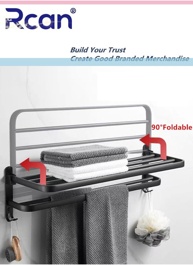 Rcan - 60 cm Bathroom Shelf Towel Rack Collapsible 90 Degrees Towel Rack for Bathroom Wall Bounte with Double Towel Bars and Hooks - Image 1