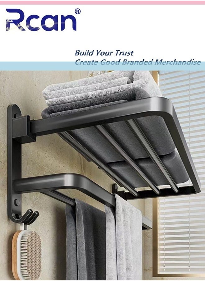 Rcan - 60 cm Bathroom Shelf Towel Rack Collapsible 90 Degrees Towel Rack for Bathroom Wall Bounte with Double Towel Bars and Hooks - Image 1