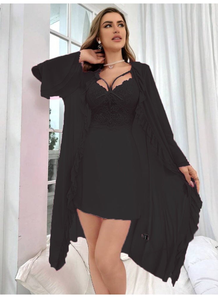 طقم روب فاخر من قطعتين للنساء، مصنوع من الدانتيل والقماش الشفاف - قميص نوم أنيق مع روب داخلي شفاف