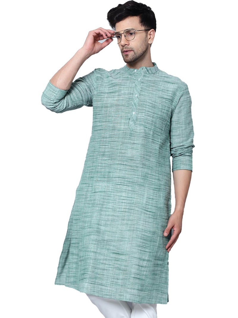 LATEST CHIKAN Men's Cotton Regular Textured Long Kurta Full Sleeves - Casual Ethnic Wear - LK-NK-GR-50 Green - Image 1