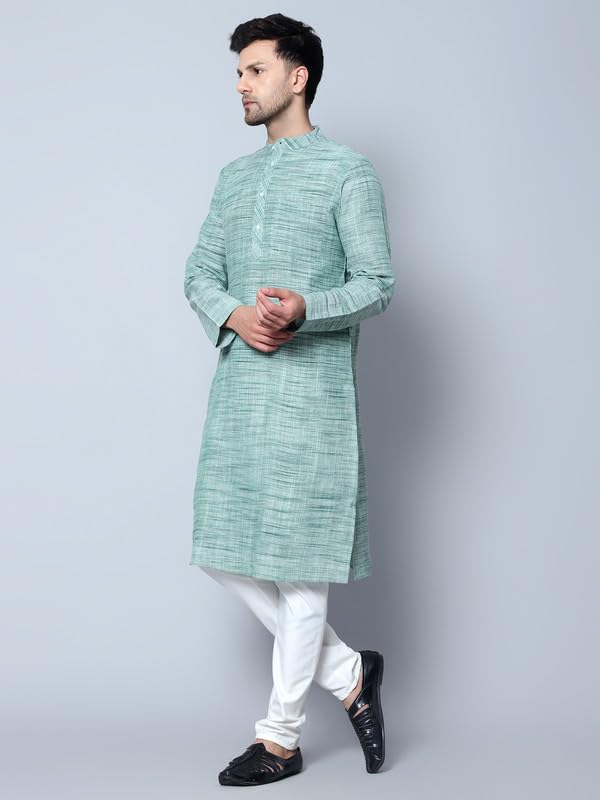 LATEST CHIKAN Men's Cotton Regular Textured Long Kurta Full Sleeves - Casual Ethnic Wear - LK-NK-GR-50 Green - Image 4