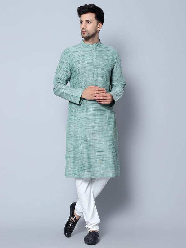 LATEST CHIKAN Men's Cotton Regular Textured Long Kurta Full Sleeves - Casual Ethnic Wear - LK-NK-GR-50 Green - Image 3