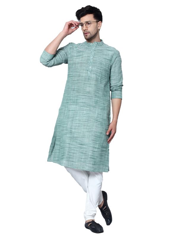 LATEST CHIKAN Men's Cotton Regular Textured Long Kurta Full Sleeves - Casual Ethnic Wear - LK-NK-GR-50 Green - Image 2