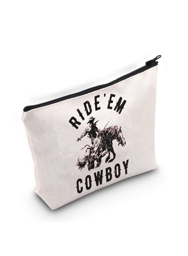 TOBGBE Western Womens Ride Em Cowboy Cowgirl Rodeo Zipper Pouch Western Graphic Cosmetic Bag Vintage Western Gifts, Off White, Ride'em Cowboy - Image 1