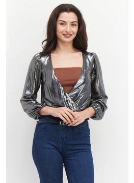 French Connection Women Metallic Long Sleeve Drape Bodysuit, Black  - Image 1