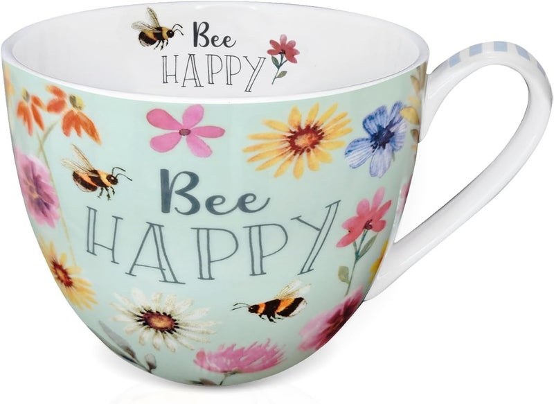 MFoffice 20 oz Bees & Flowers Coffee Hug Mug ,“Be Happy” Designed to Spread Joy, Premium Bone China, Perfect Holiday, Birthday, and Christmas Gift for Women, Designed in England by Harvest Green Studio - Image 1