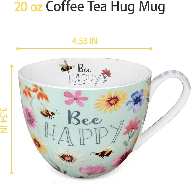 MFoffice 20 oz Bees & Flowers Coffee Hug Mug ,“Be Happy” Designed to Spread Joy, Premium Bone China, Perfect Holiday, Birthday, and Christmas Gift for Women, Designed in England by Harvest Green Studio - Image 3