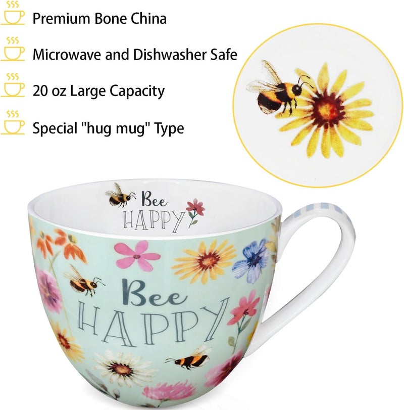 MFoffice 20 oz Bees & Flowers Coffee Hug Mug ,“Be Happy” Designed to Spread Joy, Premium Bone China, Perfect Holiday, Birthday, and Christmas Gift for Women, Designed in England by Harvest Green Studio - Image 4
