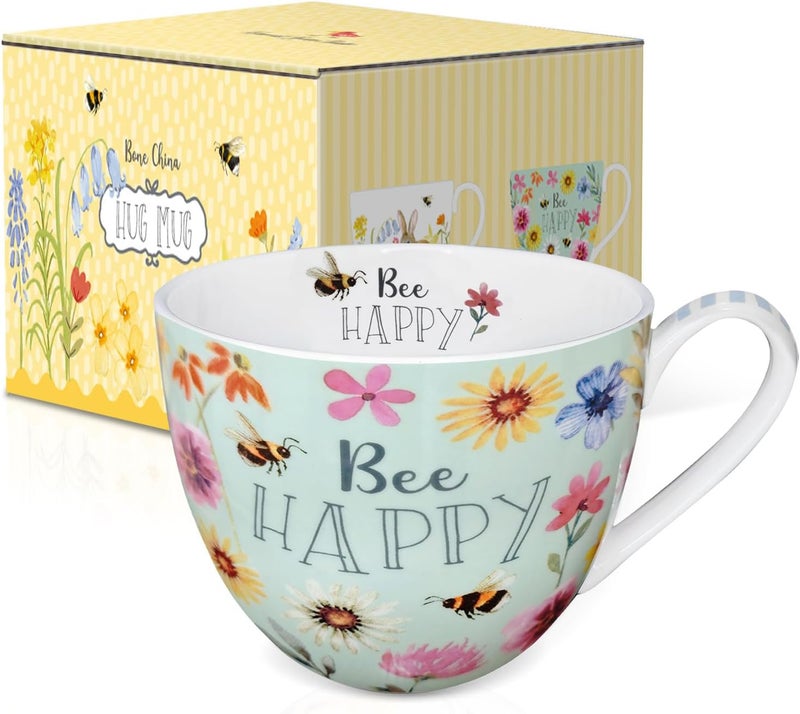 MFoffice 20 oz Bees & Flowers Coffee Hug Mug ,“Be Happy” Designed to Spread Joy, Premium Bone China, Perfect Holiday, Birthday, and Christmas Gift for Women, Designed in England by Harvest Green Studio - Image 2