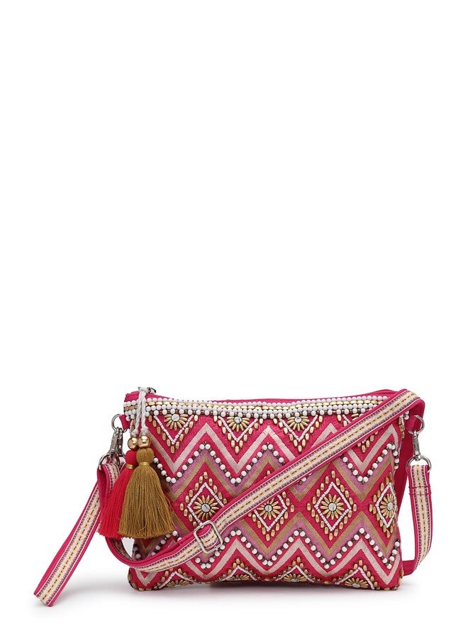 Anekaant Boho Pink Cotton Chevron Embellished Sling Bag for Women | Perfect for Party, Wedding & Daily Use - Image 1