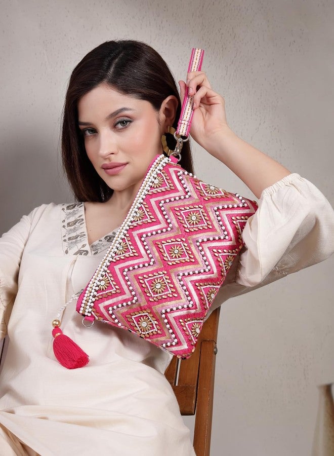 Anekaant Boho Pink Cotton Chevron Embellished Sling Bag for Women | Perfect for Party, Wedding & Daily Use - Image 3