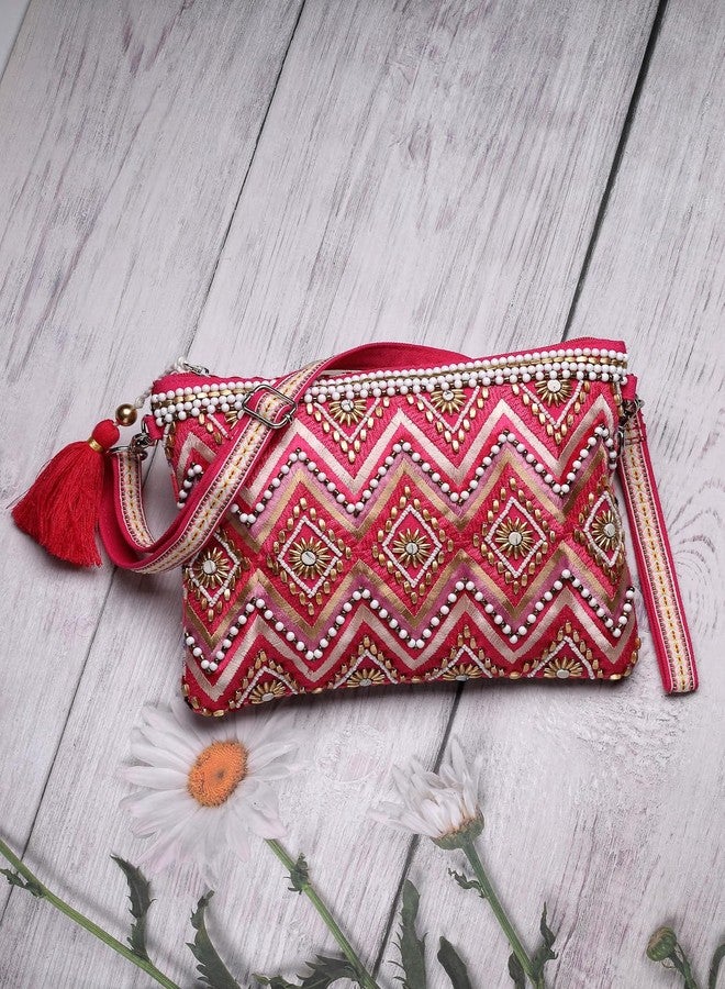 Anekaant Boho Pink Cotton Chevron Embellished Sling Bag for Women | Perfect for Party, Wedding & Daily Use - Image 2