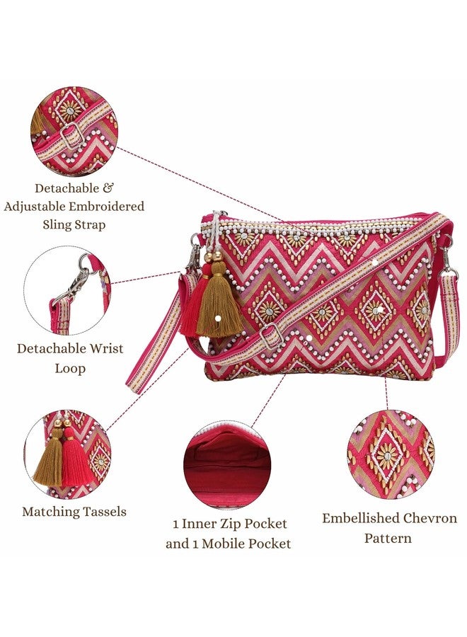 Anekaant Boho Pink Cotton Chevron Embellished Sling Bag for Women | Perfect for Party, Wedding & Daily Use - Image 4