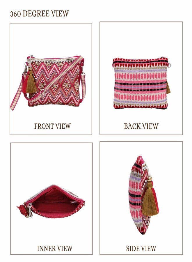 Anekaant Boho Pink Cotton Chevron Embellished Sling Bag for Women | Perfect for Party, Wedding & Daily Use - Image 5