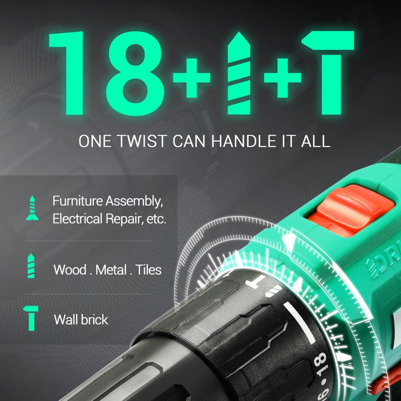 DCA 20V Cordless Hammer Drill Set, 354 In-lb Torque, 1/2" Keyless Chuck, 22500 IPM, 2 Variable Speeds, 18+1+1 Position, Power Impact drill with 14 Drill/Driver Bits for Brick, Metal, Wood ADJZ2035i13 - Image 4