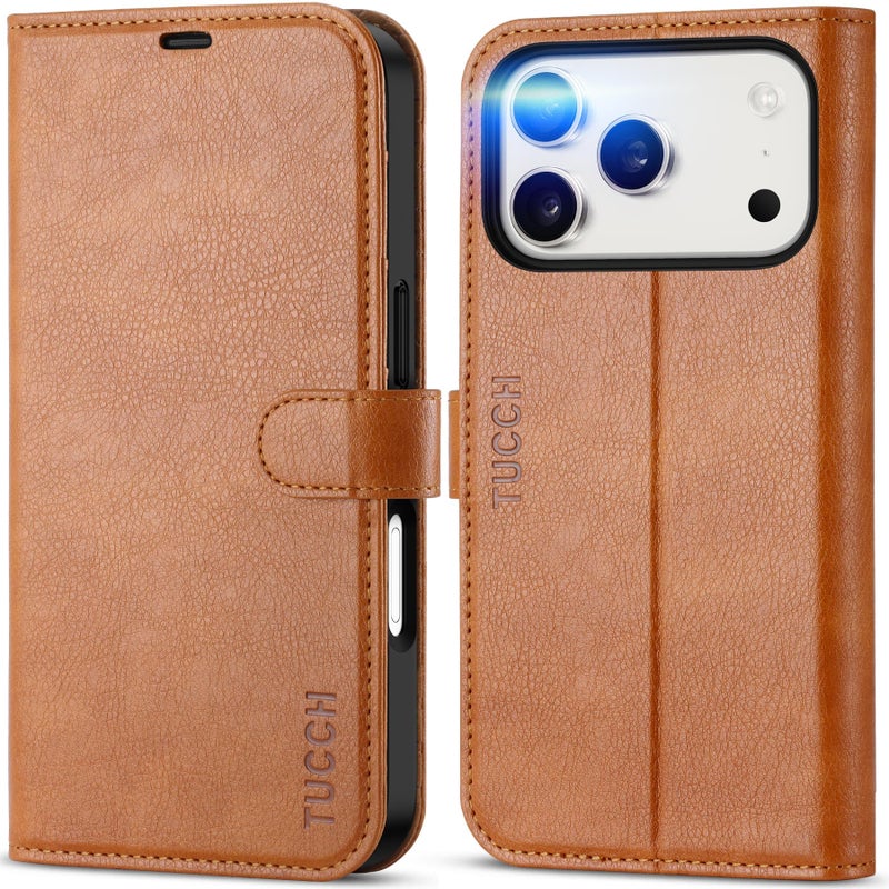 TUCCH Wallet Case for iPhone 17 Pro (6.3") 2025, 4 Card Holders | RFID Blocking | Stand | PU Leather | Magnetic Closure | Protective Flip Folio Cover | Shockproof TPU Shell | Light Brown - Image 1