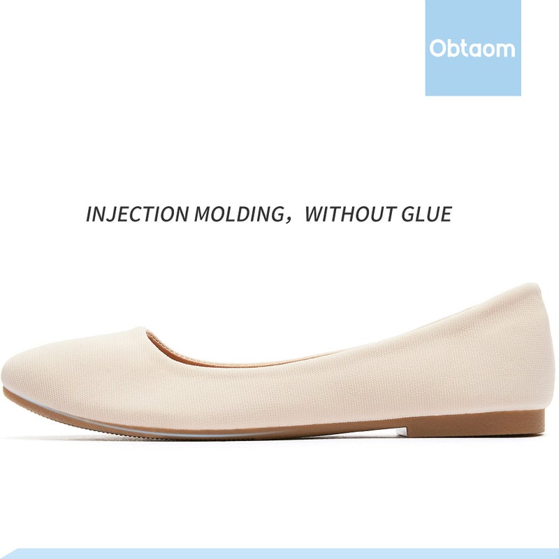 Obtaom Womens Textile Round Toe Ballet Flats Business Casual Slip ons Classic Fabric Working Shoes(Beige US9) - Image 2