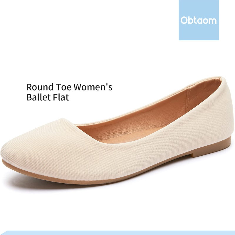 Obtaom Womens Textile Round Toe Ballet Flats Business Casual Slip ons Classic Fabric Working Shoes(Beige US9) - Image 3