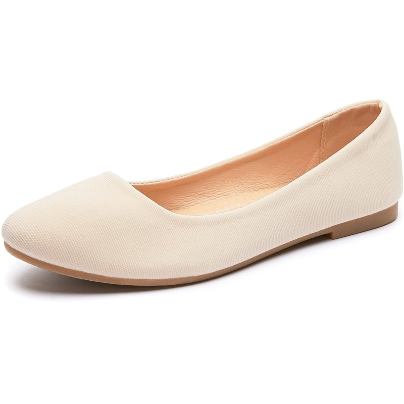 Obtaom Womens Textile Round Toe Ballet Flats Business Casual Slip ons Classic Fabric Working Shoes(Beige US9) - Image 1