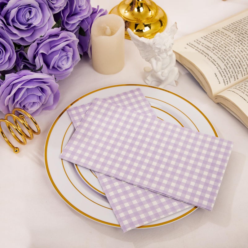 WDF WDF 150Pack Purple Checkered Napkins - 3 Ply Disposable Purple and White Gingham Napkins Paper for Bathroom Picnic BBQ Birthday  - Image 3