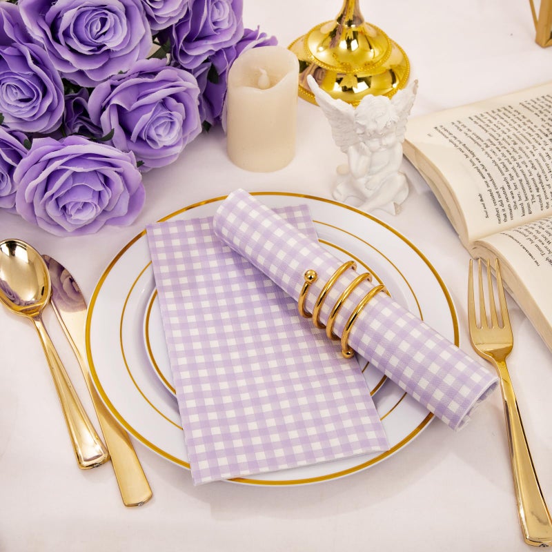 WDF WDF 150Pack Purple Checkered Napkins - 3 Ply Disposable Purple and White Gingham Napkins Paper for Bathroom Picnic BBQ Birthday  - Image 4