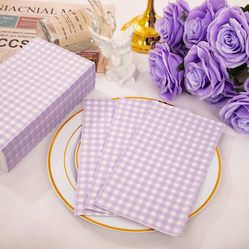 WDF WDF 150Pack Purple Checkered Napkins - 3 Ply Disposable Purple and White Gingham Napkins Paper for Bathroom Picnic BBQ Birthday  - Image 2