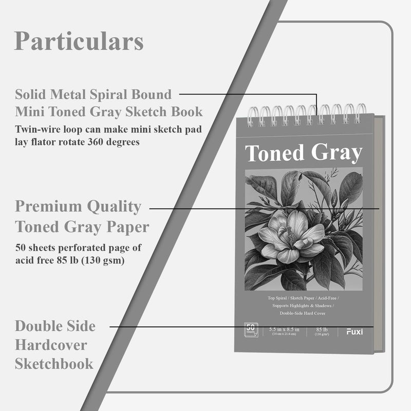 Fuxi Toned Gray Sketchbook, 2-Pack - 5.5" x 8.5", | 85lb/130gsm Charcoal Drawing Paper, 50 Sheets Per Pad. - Image 3