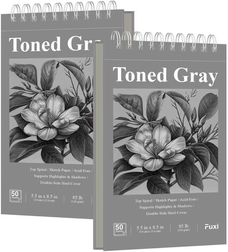 Fuxi Toned Gray Sketchbook, 2-Pack - 5.5" x 8.5", | 85lb/130gsm Charcoal Drawing Paper, 50 Sheets Per Pad. - Image 1