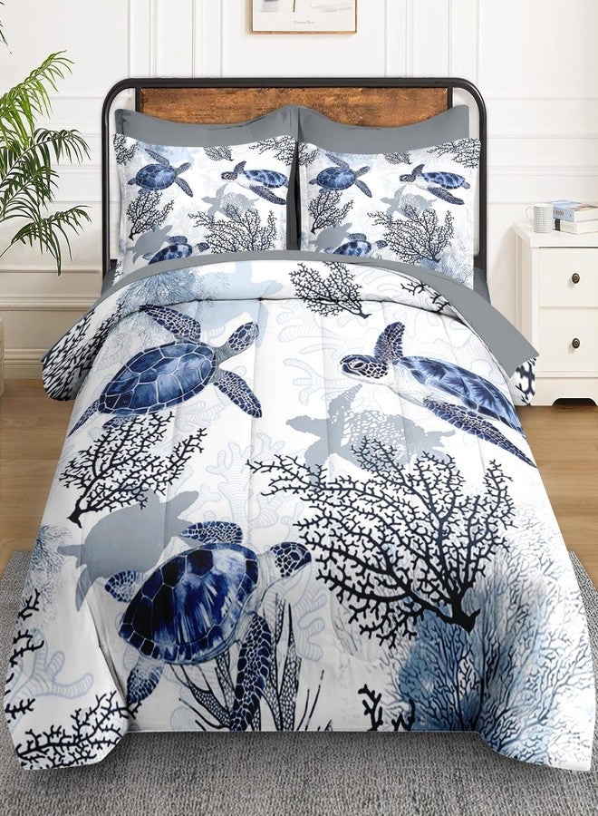 WeCozy 7 Pcs Queen Size Comforter Set with 2 Pillowcases & 2 Shams, Ocean Sea Coral Bedding for Kids and Adults, Blue Animal Turtle Bed in a Bag with Flat Fitted Sheet - Image 2