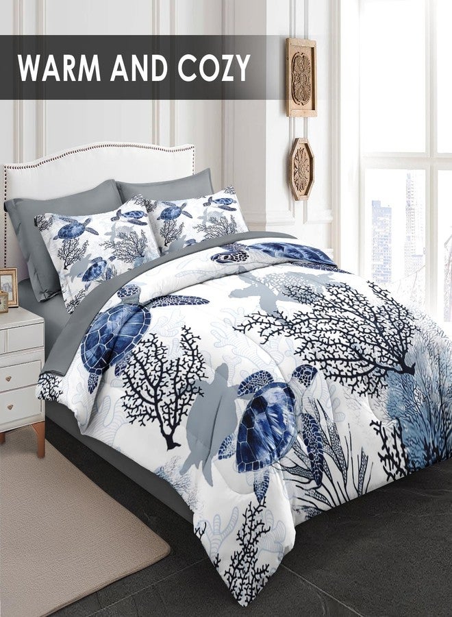 WeCozy 7 Pcs Queen Size Comforter Set with 2 Pillowcases & 2 Shams, Ocean Sea Coral Bedding for Kids and Adults, Blue Animal Turtle Bed in a Bag with Flat Fitted Sheet - Image 3