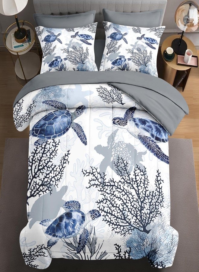 WeCozy 7 Pcs Queen Size Comforter Set with 2 Pillowcases & 2 Shams, Ocean Sea Coral Bedding for Kids and Adults, Blue Animal Turtle Bed in a Bag with Flat Fitted Sheet - Image 1