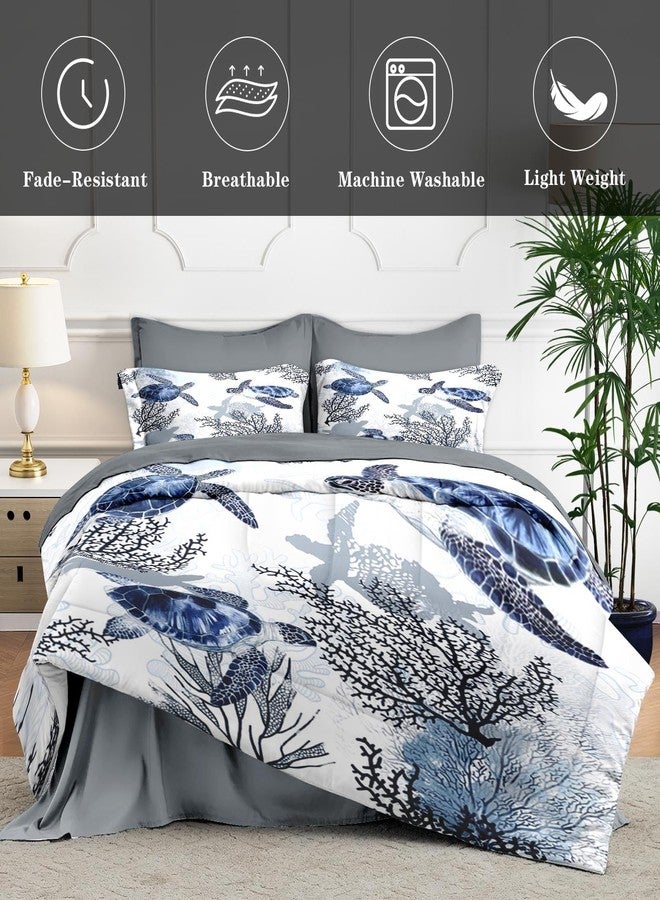 WeCozy 7 Pcs Queen Size Comforter Set with 2 Pillowcases & 2 Shams, Ocean Sea Coral Bedding for Kids and Adults, Blue Animal Turtle Bed in a Bag with Flat Fitted Sheet - Image 4