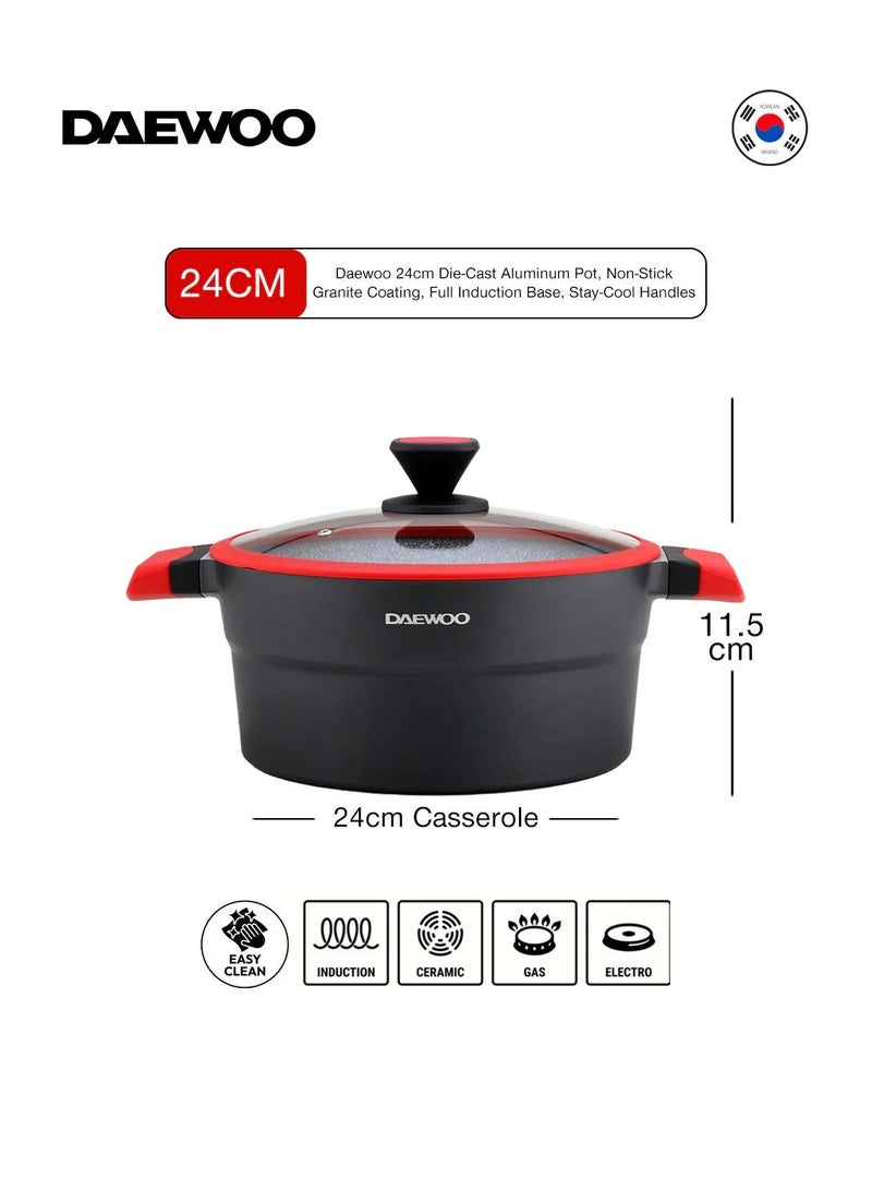 DAEWOO وعاء دايو 24 سم من الألمنيوم المصبوب، بطبقة جرانيت غير لاصقة، قاعدة كاملة للتحريض، مقابض تبقى باردة، أدوات سيليكون وحماة أواني، أحمر، خالي من المواد الكيميائية - Image 3