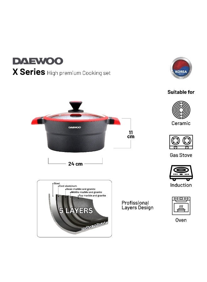 DAEWOO وعاء دايو 24 سم من الألمنيوم المصبوب، بطبقة جرانيت غير لاصقة، قاعدة كاملة للتحريض، مقابض تبقى باردة، أدوات سيليكون وحماة أواني، أحمر، خالي من المواد الكيميائية - Image 2