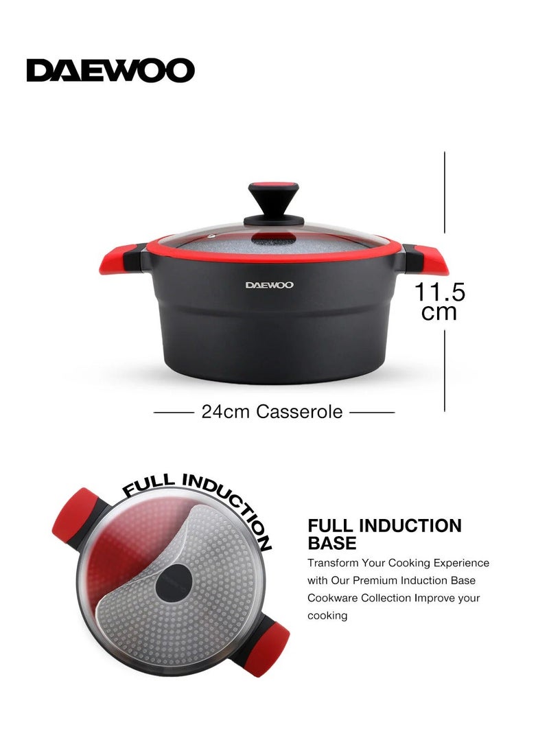 DAEWOO وعاء دايو 24 سم من الألمنيوم المصبوب، بطبقة جرانيت غير لاصقة، قاعدة كاملة للتحريض، مقابض تبقى باردة، أدوات سيليكون وحماة أواني، أحمر، خالي من المواد الكيميائية - Image 4