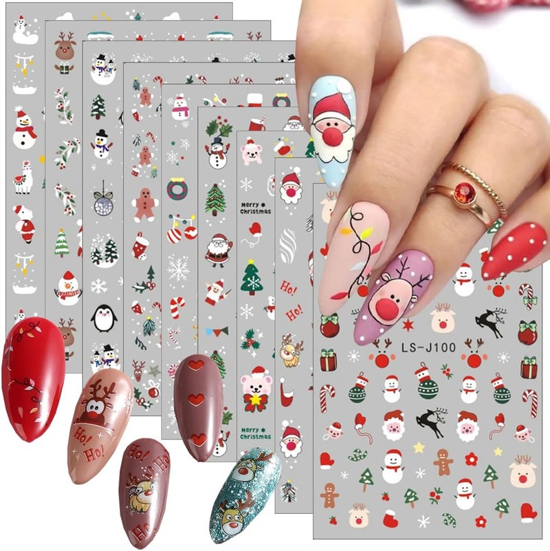 9Sheets Christmas Nail Stickers 3D Self-Adhesive Nail Decals Kawaii Santa Claus Tree Elk Snowman Snow Cartoon Cute Nail Design Xmas Winter Nail Art Sticker for Women DIY New Year Nail Art Decorations
