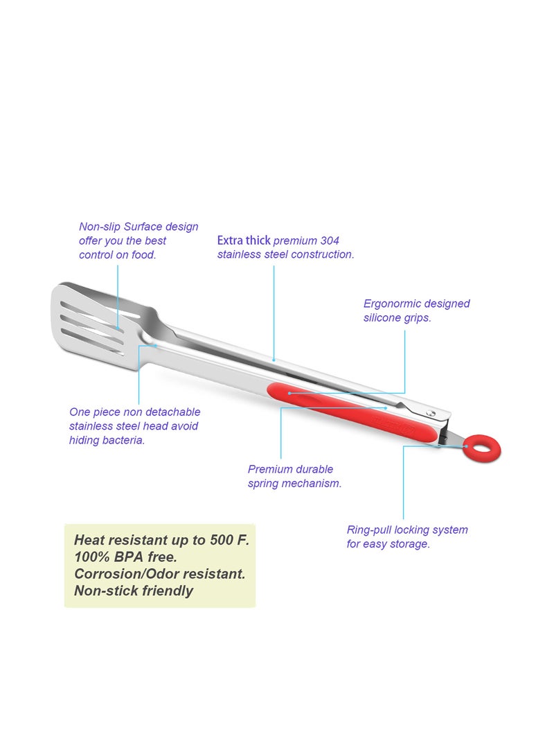 SYOSI 304 Stainless Steel Barbecue Turners, 2 Pcs BBQ Cooking Kitchen Tongs, 9 and 12 Red Heavy Duty Non-Stick Kitchen Tongs, Stainless Steel Metal BBQ Grill Tongs, for Cooking, Grilling and Serving - Image 5