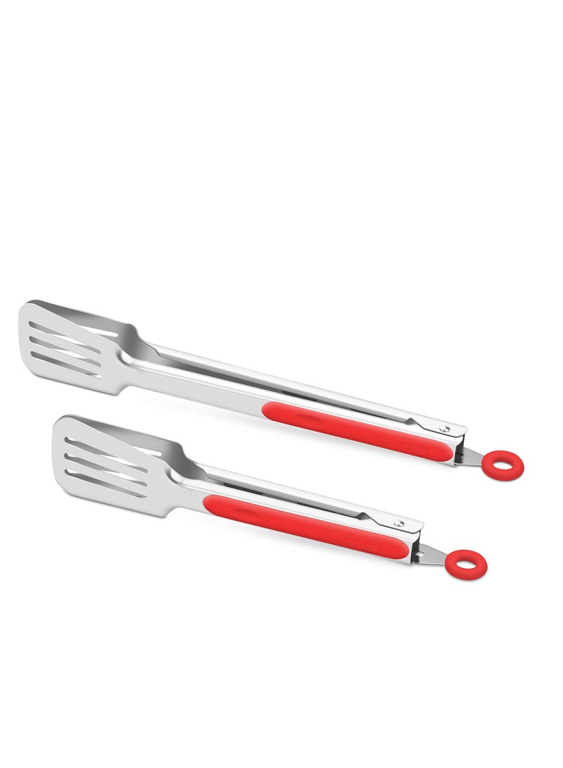 SYOSI 304 Stainless Steel Barbecue Turners, 2 Pcs BBQ Cooking Kitchen Tongs, 9 and 12 Red Heavy Duty Non-Stick Kitchen Tongs, Stainless Steel Metal BBQ Grill Tongs, for Cooking, Grilling and Serving - Image 1
