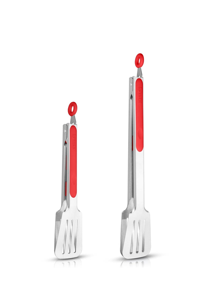 SYOSI 304 Stainless Steel Barbecue Turners, 2 Pcs BBQ Cooking Kitchen Tongs, 9 and 12 Red Heavy Duty Non-Stick Kitchen Tongs, Stainless Steel Metal BBQ Grill Tongs, for Cooking, Grilling and Serving - Image 3