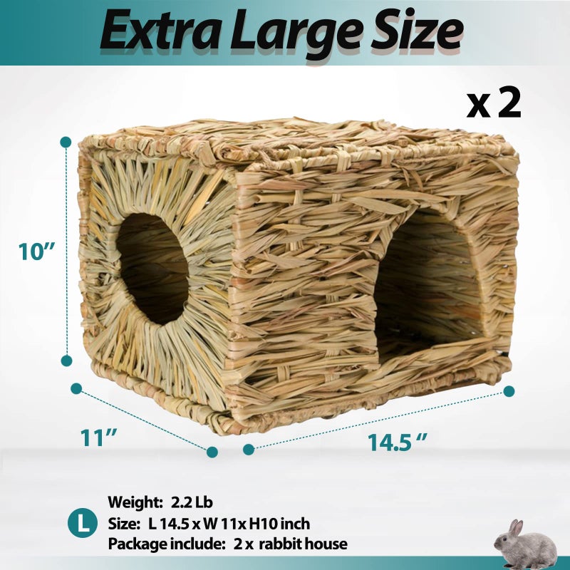 HERCOCCI Extra Large Grass House for Rabbit, Foldable & Comfortable - Small Animal Hut Play Hideaway Bed Hay Mat Chew Toy for Bunny Guinea Pig Hamster Chinchilla (2 Pack) - Image 2