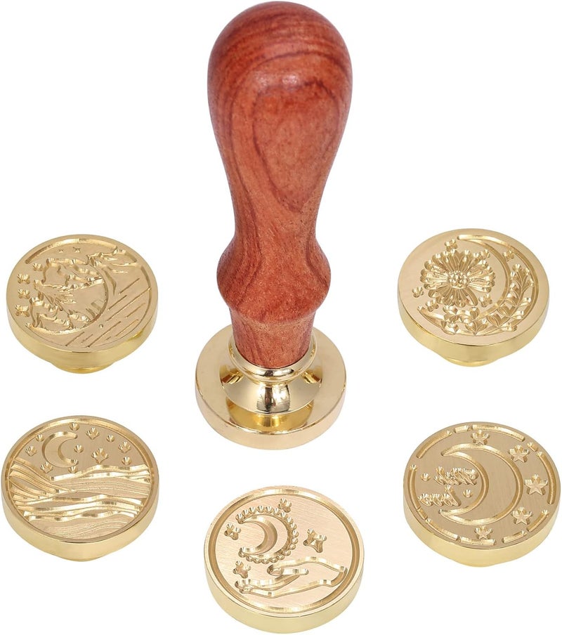 Yoption 6 Pieces Moon Series Wax Seal Stamp Set, Vintage Sealing Wax Stamp Heads + 1 Wooden Handle with Gift Box for Wedding Invitation, Christmas, Gift Idea - Image 2