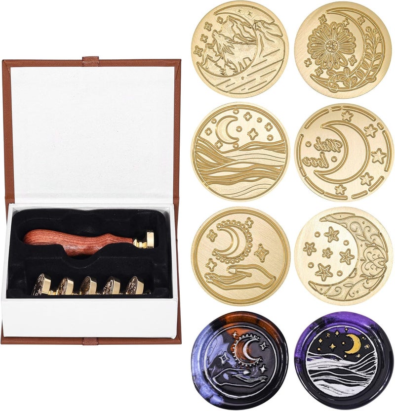 Yoption 6 Pieces Moon Series Wax Seal Stamp Set, Vintage Sealing Wax Stamp Heads + 1 Wooden Handle with Gift Box for Wedding Invitation, Christmas, Gift Idea - Image 1