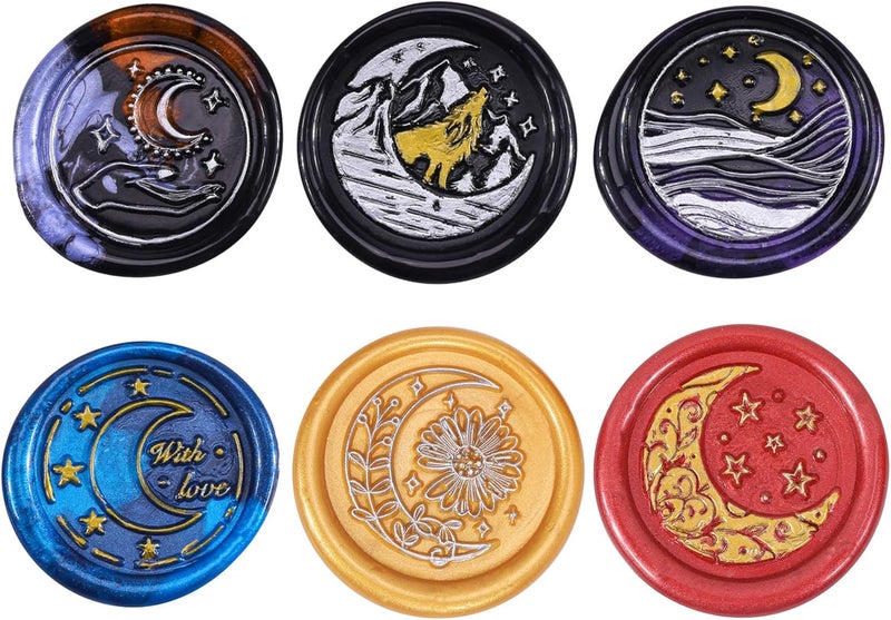 Yoption 6 Pieces Moon Series Wax Seal Stamp Set, Vintage Sealing Wax Stamp Heads + 1 Wooden Handle with Gift Box for Wedding Invitation, Christmas, Gift Idea - Image 4